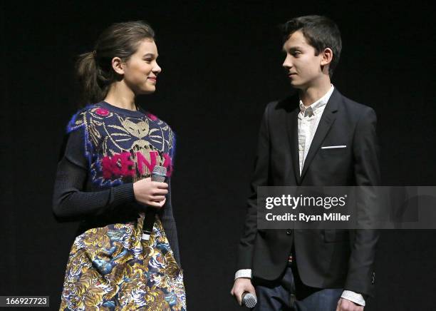 Actors Hailee Steinfeld and Asa Butterfield speak onstage during the Lionsgate CinemaCon Press Conference Invitational : An Exclusive Product...