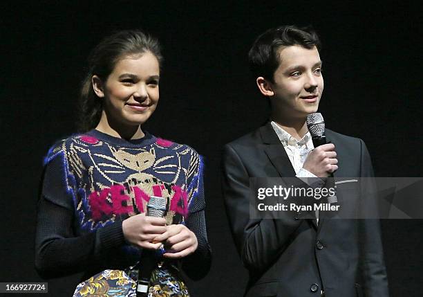 Actors Hailee Steinfeld and Asa Butterfield speak onstage during the Lionsgate CinemaCon Press Conference Invitational : An Exclusive Product...
