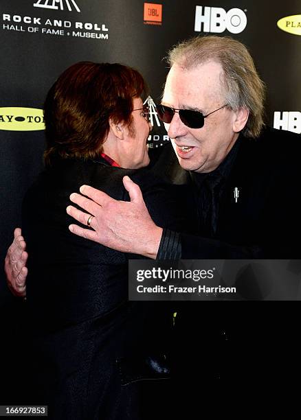 Musician John Fogerty and DJ Jim Ladd attend the 28th Annual Rock and Roll Hall of Fame Induction Ceremony at Nokia Theatre L.A. Live on April 18,...