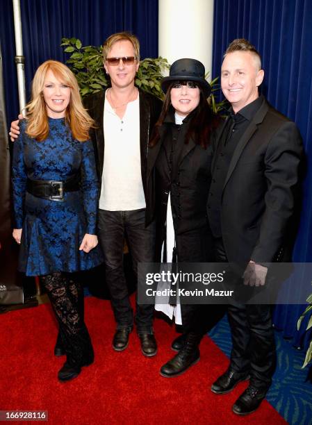 Inductee Nancy Wilson, musician Jerry Cantrell, inductee Ann Wilson and musician Mike McCready attend the 28th Annual Rock and Roll Hall of Fame...