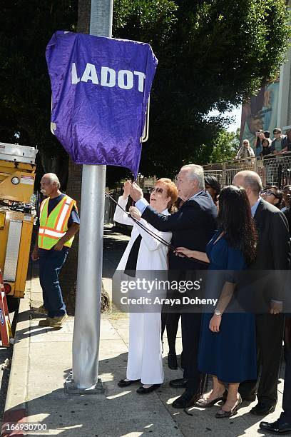 Carol Burnett and Tom LaBonge attend the Carol Burnett Square naming ceremony and plaque unveiling on April 18, 2013 in Los Angeles, California.