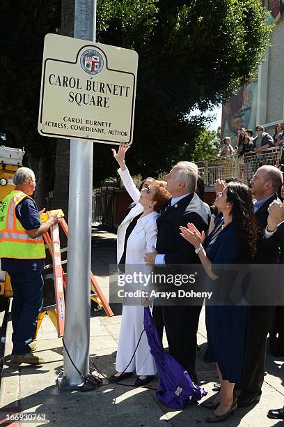 Tom LaBonge and Carol Burnett attend the Carol Burnett Square naming ceremony and plaque unveiling on April 18, 2013 in Los Angeles, California.