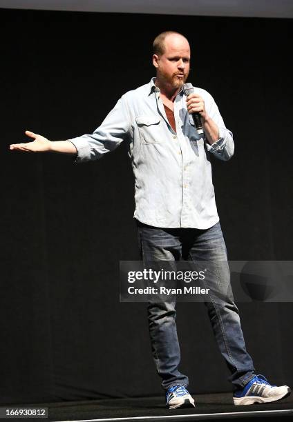 Director Joss Whedon speaks during a Lionsgate Motion Picture Group presentation to promote the upcoming film 'Much Ado About Nothing' at the...
