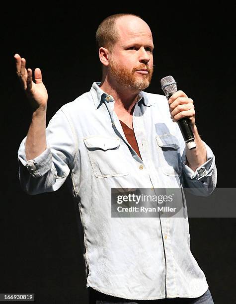 Director Joss Whedon speaks during a Lionsgate Motion Picture Group presentation to promote the upcoming film 'Much Ado About Nothing' at the...