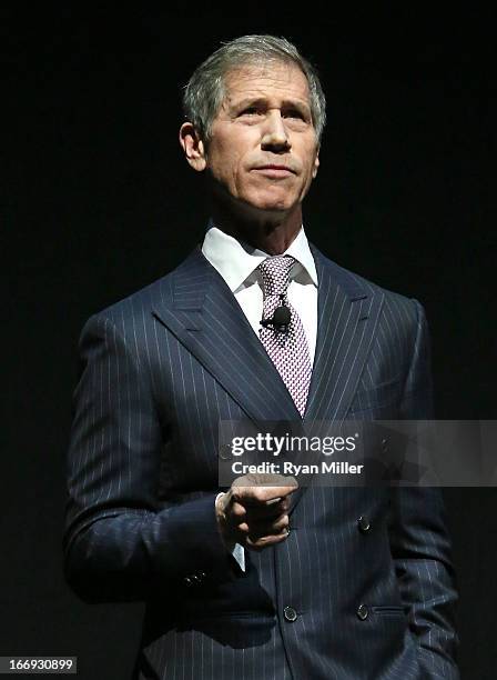Chief Executive Officer of Lions Gate Entertainment, Jon Feltheimer speaks during a Lionsgate Motion Picture Group presentation at the Lionsgate...