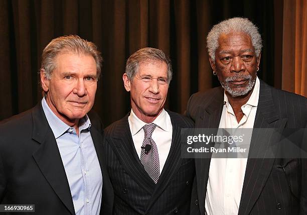 Actor Harrison Ford, Chief Executive Officer of Lions Gate Entertainment, Jon Feltheimer and actor Morgan Freeman attend the Lionsgate CinemaCon...
