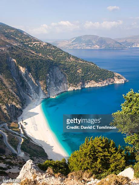 view over myrtos beach, assos, kefalonia, greece - cefalónia imagens e fotografias de stock