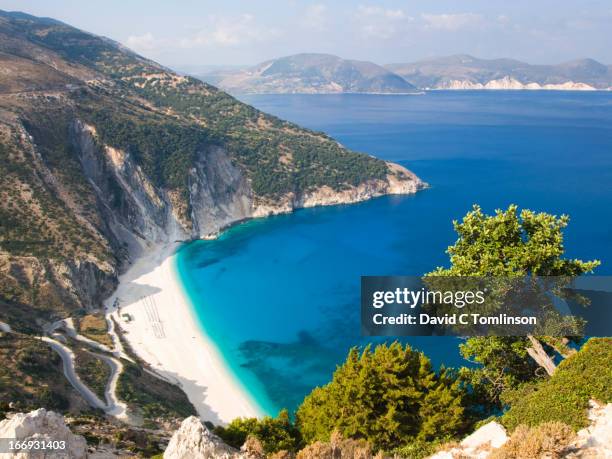 view over myrtos beach, assos, kefalonia, greece - cefalónia imagens e fotografias de stock