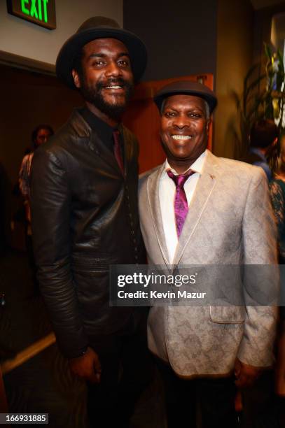 Musicians Gary Clark Jr. And Booker T. Jones attend the 28th Annual Rock and Roll Hall of Fame Induction Ceremony at Nokia Theatre L.A. Live on April...