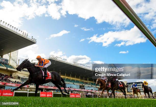 Michael Dee riding Imperatriz defeats Rothfire and Giga Kick in Race 8, the Mittys Mcewen Stakes, during Melbourne Racing at Moonee Valley Racecourse...