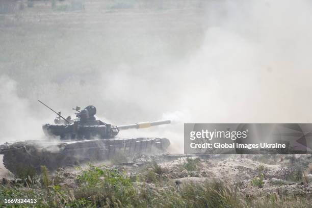 Ukrainian training trips on trophy Russian T72B3 tanks take place on a military outdoor firing range on September 8, 2023 in Ukraine. Ukrainian tank...