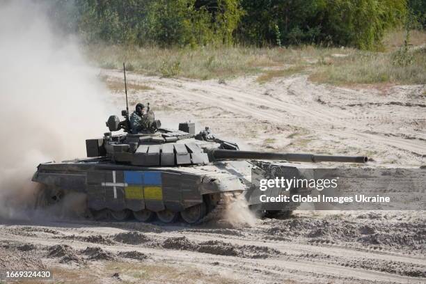 Ukrainian training trips on trophy Russian T72B3 tanks take place on a military outdoor firing range on September 8, 2023 in Ukraine. Ukrainian tank...