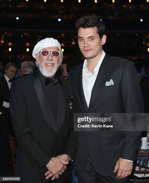 Inductee Lou Adler and musician John Mayer attend the 28th Annual Rock and Roll Hall of Fame Induction Ceremony at Nokia Theatre L.A. Live on April...