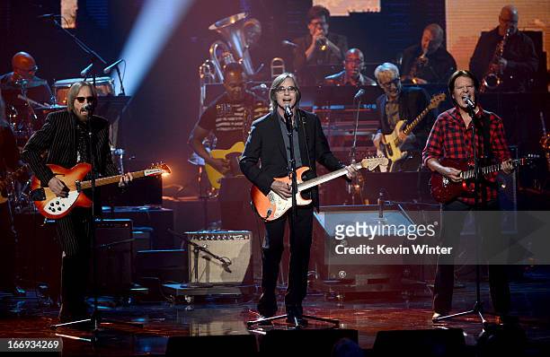Musicians Tom Petty, Jackson Browne and John Fogerty perform onstage at the 28th Annual Rock and Roll Hall of Fame Induction Ceremony at Nokia...