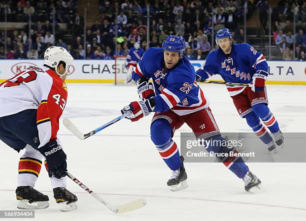 Ryane Clowe of the New York Rangers skates against the Florida Panthers at Madison Square Garden on April 18, 2013 in New York City. The Rangers...