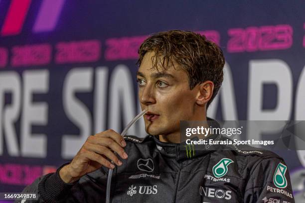 Second placed qualifier George Russell of Great Britain and Mercedes looks on during a press conference after qualifying ahead of the F1 Grand Prix...