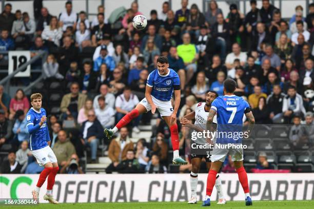 Regan Poole of Portsmouth in action during the Sky Bet League 1 match between Derby County and Portsmouth at the Pride Park, Derby on Saturday 16th...