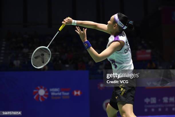 Tai Tzu-ying of Chinese Taipei competes in the Women's Singles semi-final match against An Se-young of South Korea on day 5 of the Victor China Open...