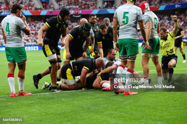 Dewi Lake of Wales scores his sides second tryduring the Rugby World Cup France 2023 match between Wales and Portugal at Stade de Nice on September...