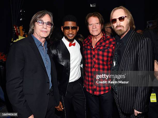 Singers Jackson Browne, Usher, John Fogerty and Tom Petty attend the 28th Annual Rock and Roll Hall of Fame Induction Ceremony at Nokia Theatre L.A....