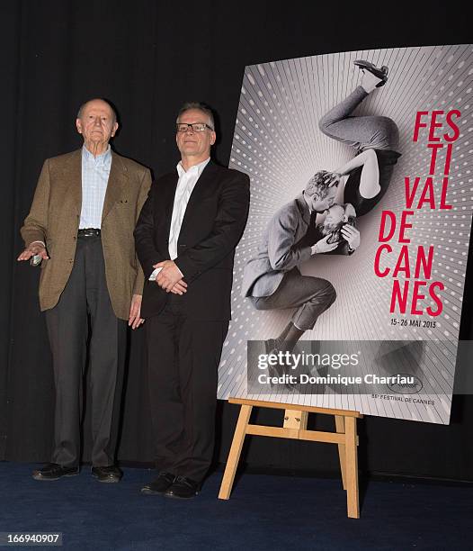 Gilles Jacob and Thierry Frémaux attends the 66th Cannes Film Festival Official Selection Presentation - Press Conference at Cinema UGC Normandie on...