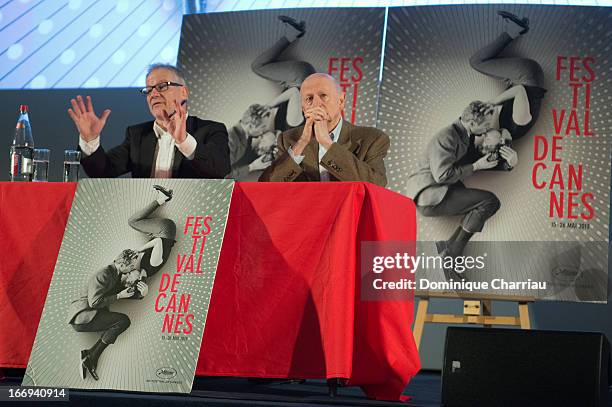 Thierry Frémaux and Gilles Jacob attends the 66th Cannes Film Festival Official Selection Presentation - Press Conference at Cinema UGC Normandie on...