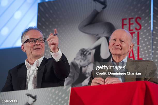 Thierry Frémaux and Gilles Jacob attends the 66th Cannes Film Festival Official Selection Presentation - Press Conference at Cinema UGC Normandie on...