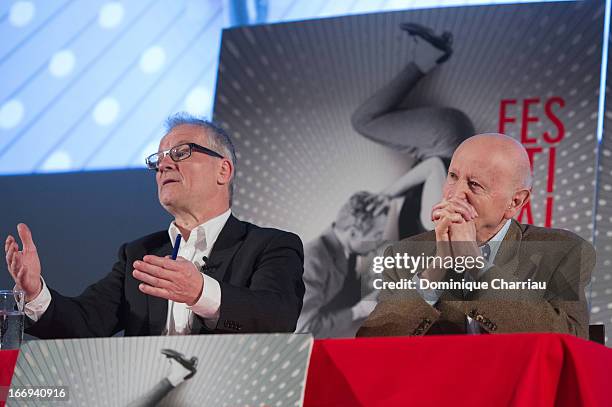 Thierry Frémaux and Gilles Jacob attends the 66th Cannes Film Festival Official Selection Presentation - Press Conference at Cinema UGC Normandie on...
