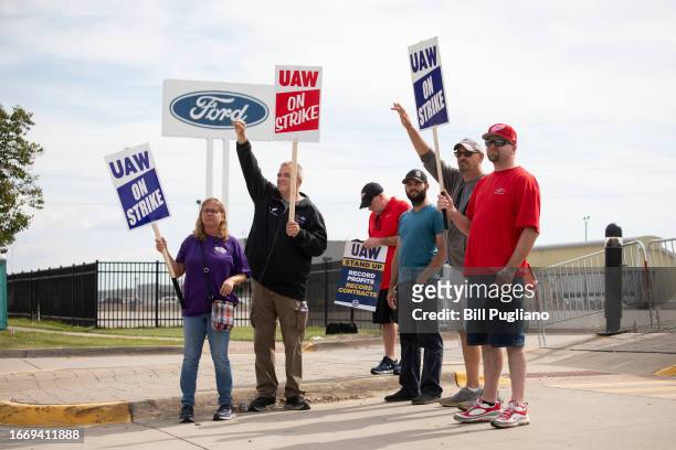 United Auto Workers members strike at the Ford Michigan Assembly Plant on September 16, 2023 in Wayne, Michigan. This is the first time in history...