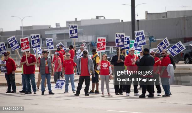 United Auto Workers members strike at the Ford Michigan Assembly Plant on September 16, 2023 in Wayne, Michigan. This is the first time in history...