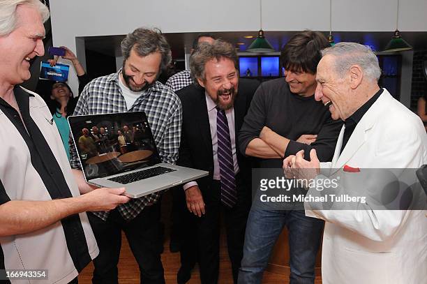Director Judd Apatow, guest, composer Thomas Newman and comedian Mel Brooks enjoy a funny video made in honor of Brooks a broadcast of "SiriusXM's...