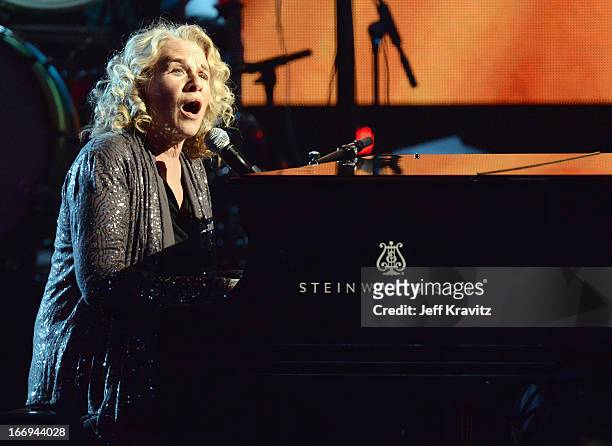 Musician Carole King performs at the 28th Annual Rock and Roll Hall of Fame Induction Ceremony at Nokia Theatre L.A. Live on April 18, 2013 in Los...