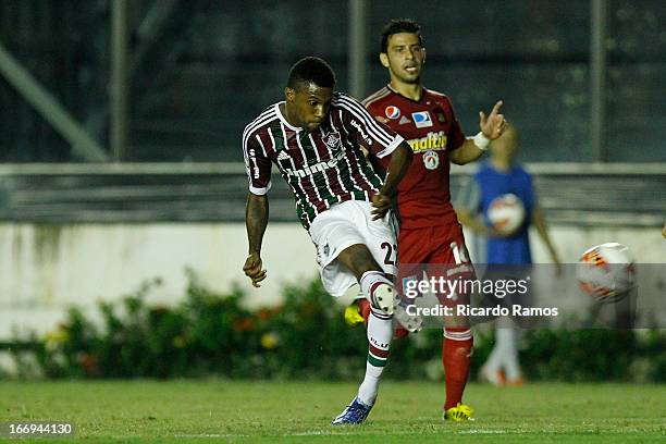 Rhayner of Fluminense fights for the ball during the match between Fluminense and Caracas as part of Copa Bridgestone Libertadores 2013 at São...