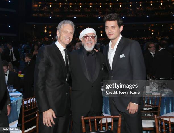 Clear Channel Entertainment Enterprises President John Sykes, inductee Lou Adler and musician John Mayer attend the 28th Annual Rock and Roll Hall of...