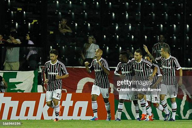 Players of Fluminense celebrate a goal during the match between Fluminense and Caracas as part of Copa Bridgestone Libertadores 2013 at São Januário...