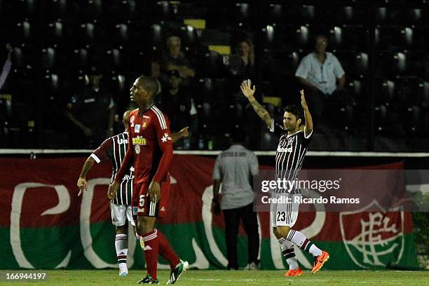 Rafael Sobis of Fluminense celebrates his goal during the match between Fluminense and Caracas as part of Copa Bridgestone Libertadores 2013 at São...