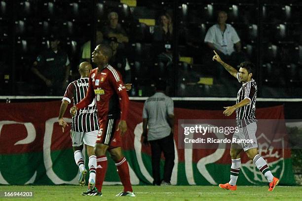 Rafael Sobis of Fluminense celebrates his goal during the match between Fluminense and Caracas as part of Copa Bridgestone Libertadores 2013 at São...