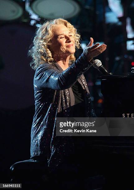 Musician Carole King performs onstage during the 28th Annual Rock and Roll Hall of Fame Induction Ceremony at Nokia Theatre L.A. Live on April 18,...