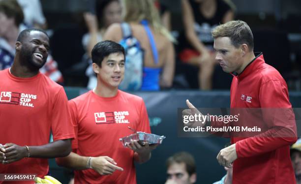 Frances Tiafoe, Mackenzie McDonald and Bob Bryan of United States during the 2023 Davis Cup Finals Group D Stage match between United States and...