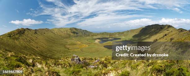 very wide panorama of the caldera in corvo island - corvo azoren stock-fotos und bilder