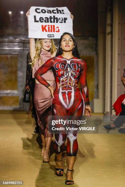 Model walks the runway during the Coach Ready to Wear Spring/Summer 2024 fashion show as part of the New York Fashion Week on September 07, 2023 in...