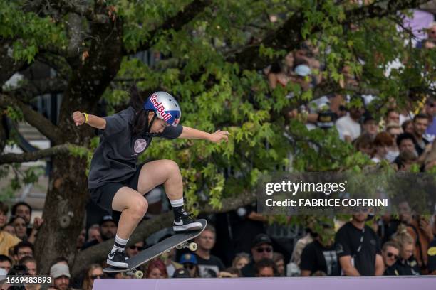 Japan's Yumeka Oda competes to win 2nd place in the women's skateboarding street final of Lausanne, during the World Skateboarding Tour in Lausanne...