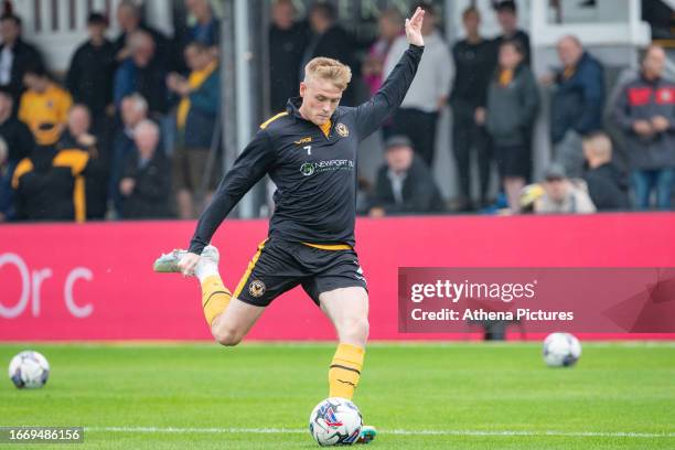 Will Evans of Newport County warms up during the Sky Bet League Two match between Newport County and Barrow AFC at Rodney Parade on September 16,...