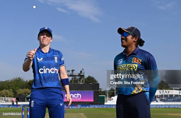England captain Heather Knight tosses the coin prior to the 1st Metro Bank ODI between England and Sri Lanka at Seat Unique Riverside on September...