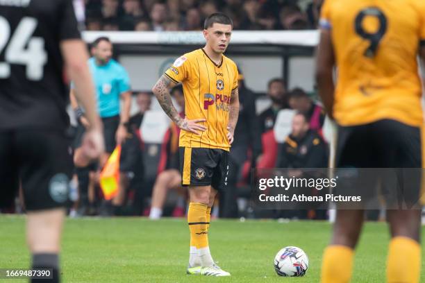 Adam Lewis of Newport County prepares to take a free kick during the Sky Bet League Two match between Newport County and Barrow AFC at Rodney Parade...