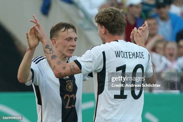 Maximilian Beier and Nick Woltemade of U21 Germany celebrate during the International Friendly game between U21 Germany and U21 Ukraine at...