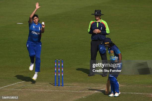 England bowler Mahika Gaur in bowling action during the 1st Metro Bank ODI between England and Sri Lanka at Seat Unique Riverside on September 09,...