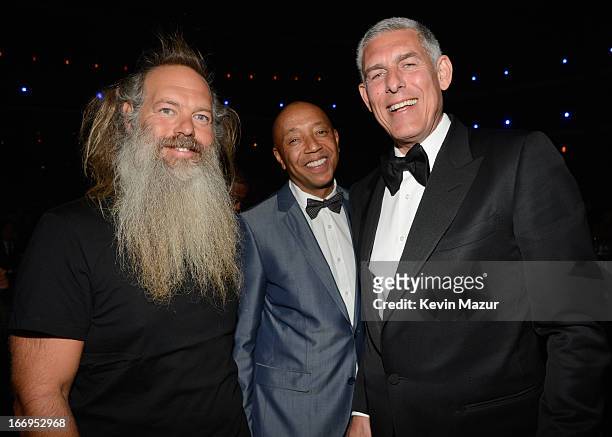 Producer Rick Rubin, entrepreneur Russell Simmons and Lyor Cohen attend the 28th Annual Rock and Roll Hall of Fame Induction Ceremony at Nokia...