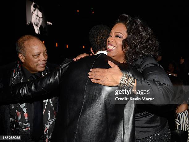 Producer Quincy Jones, singer Usher and Oprah Winfrey attend the 28th Annual Rock and Roll Hall of Fame Induction Ceremony at Nokia Theatre L.A. Live...