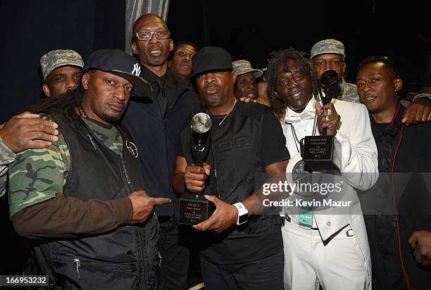 Producer Hank Shockley , inductee Chuck D , inductee Flavor Flav , inductee Professor Griff and guests attend the 28th Annual Rock and Roll Hall of...